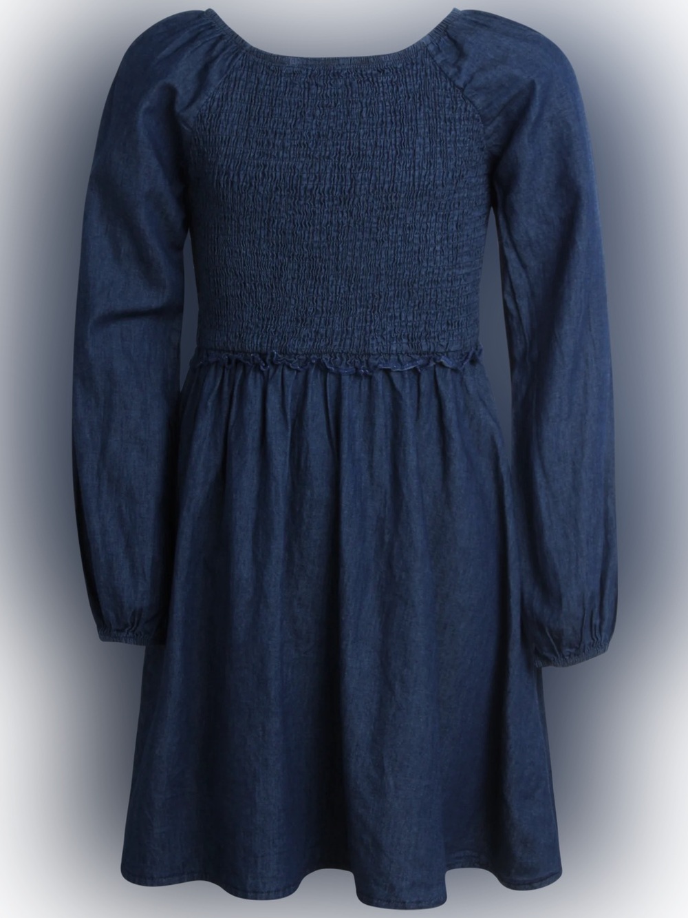One Step Up Smocked Long Sleeve Denim Dress